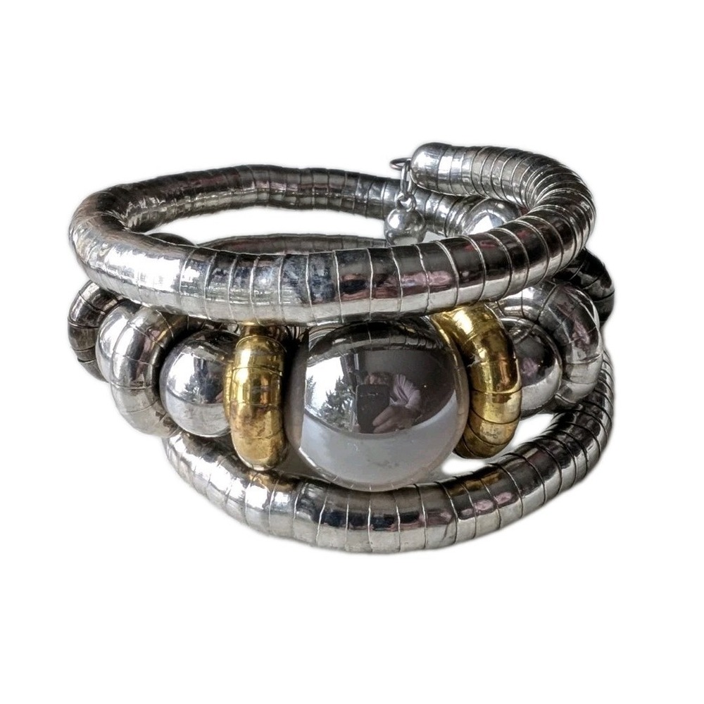 Vintage Boho Silver Coil Wrap Around Bracelet Snake Adjustable Gray Focal Bead